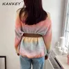 NANKEY Rainbow Gradient Single-breasted Cardigan Sweater Loose Knitted Jacket Oversized For Woman Winter Knit Clothing 210922