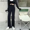 Taille irrégulière Split Pantalon Femme Streetwear Taille Haute Vert Noir Printemps Été Pantalon Femme Chic Business Flare Pant Femme Q0801