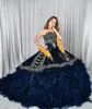 Vestidos DE 15 Años Ruffles Spódnica Navy Blue Quinceanera Dresses Lace-Up Corset Aplikacja Zroszony Corset Back Ball Suknia Słodka 16 Dress