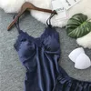 Ladies Summer Silk Satin Chest Pad Sleepwear Sexy Lingerie Women Lace Pajamas Embroidery Pajamas Q0706