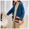 H.SA femmes tricot Cardigans col en V pulls colorés rayé Patchwork tricots pulls amples boutonné pull manteau 210417