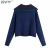 Zevity女性のファッションの折り返しパッチワークチェック柄カジュアルルーズニットセーター女性シックな長袖プルオーバートップS574 210603
