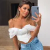 Mesh Sleeve Black Crop Top Women Off The Shoulder Summer Tulle Blouse Shirts Sexy White Short Tops Blusas De Mujer 210427