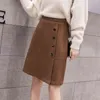 Invierno vintage cintura alta a-line falda caliente botón de moda ol estilo lana faldas midi otoño mujer faldas 210428