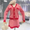 Women Knitted 2 Piece Set Plaid Gold Single Breasted Cardigan Sweater + A Line Skirts V Neck Jackets Coat Casual Mini Skirt Sets 210416