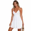 夏のドレス女性のファッションVネックスパゲッティストラップセクシーなドレス女性背中の弓BOHOレースミニビーチホワイトドレスvestidos x0521