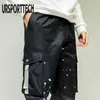 Ursportech Streetwear gradiente impresso corredores homens cargas calças fita bolsos homens calça casual hip hop masculino harem calças calças 210528