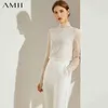 AMII Minimalism Autumn Fashion Lace Spliced Women Blouse Tops Turtleneck Full Sleeve Slim Fit Female Shirt Tops 12060088 210401