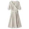 Retro Vrouwen Elegante Puff Sleeve Wrap Jurk Zomer Werkkleding Diepe V-hals Effen Zwart Khaki Midi Jurken Vestidos 210608