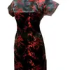 Svart Traditionella Kinesiska Kvinnor Qipao Klänning Sexig Kort Mini Cheongsam Handgjord Knapp Blomma Stor storlek 3XL 4XL 5XL 6XL