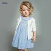 Kids Frocks 2021 Lato Baby Girls Odzież Marka Sukienka Toddler Bawełna Niebieskie Paski Kwiat Haftowane Suknie Dla Dzieci 2-7 lat Q0716