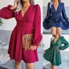 2022 Spring Autumn Sexy Deep V Neck Pleated Dress Women's Clothing Casual Solid Slim Long Sleeve Pullover Mini Party Dress Vestidos