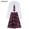 Style Preppy japonais printemps automne femmes robe col claudine avec cravate volants Patchwork Plaid mignon Kawaii fille 210520