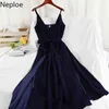 Neploe kvinnor elegant v nackklänningar sommar ärmlös strapless vestidos mujer koreansk smal midja en linje sexig maxi klänning 210422