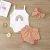 Summer Baby Girl Suspender Dress Plaid Shorts Ropa de tres piezas Traje Moda nacido Bordado Rainbow 210515