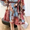 Fashion Asymmetrical Collar Dress Woman lantern sleeve patchwork vintage printed dress female casual vestidos autumn spring 210603