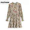 Vintage Floral Print Ruffles Casual Pleated Butterfly Long Sleeve Boho Beach Mini Dress Vestido De Mujer 210413