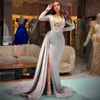 2022 Grey Satin Split Mermaid Evening Dresses Sparkly Beaded Neck Long Sleeve Prom Gowns Arabic Dubai Vestidos 328 328