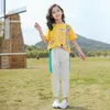 Summer Toddler Kids Sports Suit Green /Yellow Pattern T Shirt+Trouers 2pcs Tracksuit Teenage Girls Casual Clothing Sets