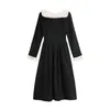 Woman Elegant Black Velvet Slash Neck Long Sleeve Knee Length Dress Spring D1646 210514