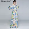 Jesień Kobiety Bez Ramiączek Długi Latarnia Rękaw Backless Sexy Split Party Runway Blue and White Porcelan Flower Maxi Dress 210416