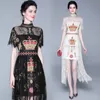 Runway Vintage Crown Print For Women Short Sleeve Stand Collar Sexy Perspective Lace Patchwork Mid-Calf Length Dress 210416