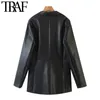 TRAF Mujer Moda Faux Cuero Sola Butter Blazers Abrigo Vintage Manga Larga Bolsillos Femenino Outerwear Chic Tops 210415