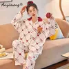 Cotton Long Sleeve Cardigan Pajamas Set Spring Autumn Winter Fashion Bears Printing Lapel Button Stylish Plaid Women Pjs 211215