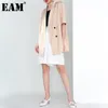[EAM]女性ブラックブリーフビッグシジンブレザーラペル半袖ルーズフィットジャケットファッション春夏2Y52907 210512