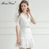 Fashion Designer dress Summer Women's Dress Puff Sleeve Hollow out Embroidery Double breasted Belt White Dresses 210524