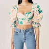 Mode Causal Floral Print Dames Crop Tops Sexy Stijl Chic Puff Sleeve Diepe V-hals Backless Summer Short Blouses 210508