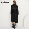 Aachoae أسود اللون 100٪ الصوف معطف المرأة أنيقة مخطط طويل معاطف سيدة رفض طوق ضمادة معطف طويل الأكمام قميص 210413