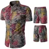 2020 neue Männer Urlaub Set Trainingsanzug Kurze Hose Ethnischen Stil Patchwork Shorts Männlichen Anzug Festival Tragen Slim Fit Blumen Druck hemd X0909