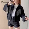 Personality fashion tassel Pearl Beading Short Denim Jackets Women Black Long Sleeve Vintage Casual Bat Jean Jacket Bomber Coat 210520