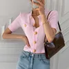 Gagarich Woman Chic Cardigan Summer Elegant Temperament O-neck Big Button Design Slim Solid Versatile Female Short Knitting Top 210806