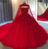 Dubai Muslim Red Wedding Dresses 2022 Beading Crystals Plus Size Bridal Gowns With Cape Gorgeous Brides Marriage Dresses Custom