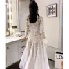 Outono malha bordado vestido mulher v-pescoço branco elegante maxi vestido festa feminina laço bordado vestidos primavera 210603