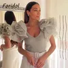 Foridol Organze Puf Kol Vintage Kısa Bluz Tops Kadın Örme V Boyun Kırpma Üst Kadın Moda Boho Giyim Yeşil Top 210415