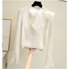 Flare Sleeve Elegant Sweater Big Bow Collar Women Korean Style Knitted Ladies Pullovers Tees One Size Belt Tops