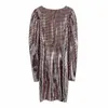 Femmes Mode Sexy Party Sequinsfold Dress Femme Club Shine Puff SleeveV-Neck Robes 210531