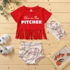 Set di abbigliamento per bambini T-shirt a maniche corte con lettera nappa Top + Pantaloncini leopardati con fasce per capelli 3 pezzi / set Abiti per neonati per bambini M3496