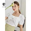 FanSilanen مكتب سيدة النفخة كم قمم المرأة bowknot مربع طوق قميص أبيض الصيف البلوزات قصيرة 210607