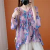 Camicette da donna Camicie Johnature Summer Floral Print Donna Top 2022 Casual con scollo a V Manica a nove quarti Viola Donna irregolare