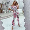 Elegante estampado floral mujer verano alta cintura moda trajes juspsuit vacaciones volantes señoras mono de pierna ancha 210414