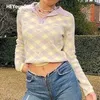 Heyoungirl Plaid Casual Cropped Dzianiny Sweter Kobiety Kawaii Y2K Jesień Z Długim Rękawem Bluzy Pullover Korean Fashion Cute Topy Y0825