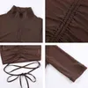 Sexigt Mesh See genom Brown Turtleneck Långärmad Crop Top T-shirt Kvinnor Drawstring Front Ruched Tie Up Female Tee Shirt 210510