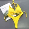 Tanboby Brezilyalı Yüzme Suits Yüksek Kesim Mikro Beach Biquinis 2 Parça Bandaj Üst + Sarı Tanga Bikinis 210629