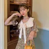 Été femmes vêtements coréen col marin Vintage à manches courtes Mini robe marguerite imprimé fleuri Boho plage une ligne en mousseline de soie 210514
