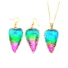 Rainbow Crystal Jewelry Set Healing Druzy Kamienny Naszyjnik Wisiorek z posrebrzanym łańcuchem i kolczyki Drop dla kobiet