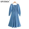 여성 세련된 패션 인쇄 사이드 슬릿 미디 빈티지 긴 소매 뒤 지퍼 탄성 여성 드레스 Vestidos 210416
